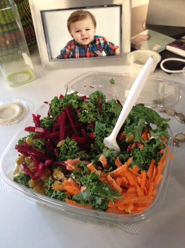 Kale, beats, carrots, grapes with a lemon/honey dressing. So good.